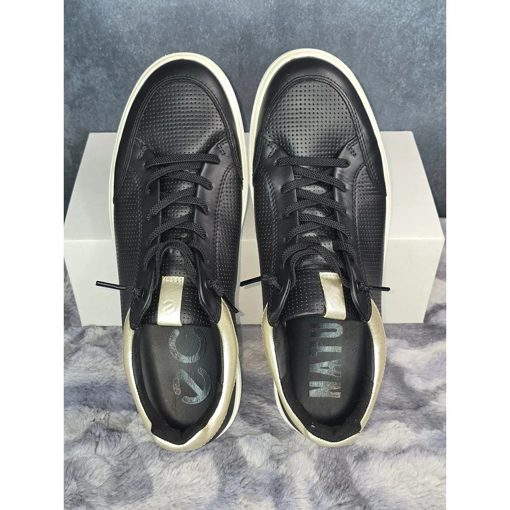 ECCO Soft 7 Sneaker Black Gold Perforated Leather Natural Motion Womens 11 EU 42